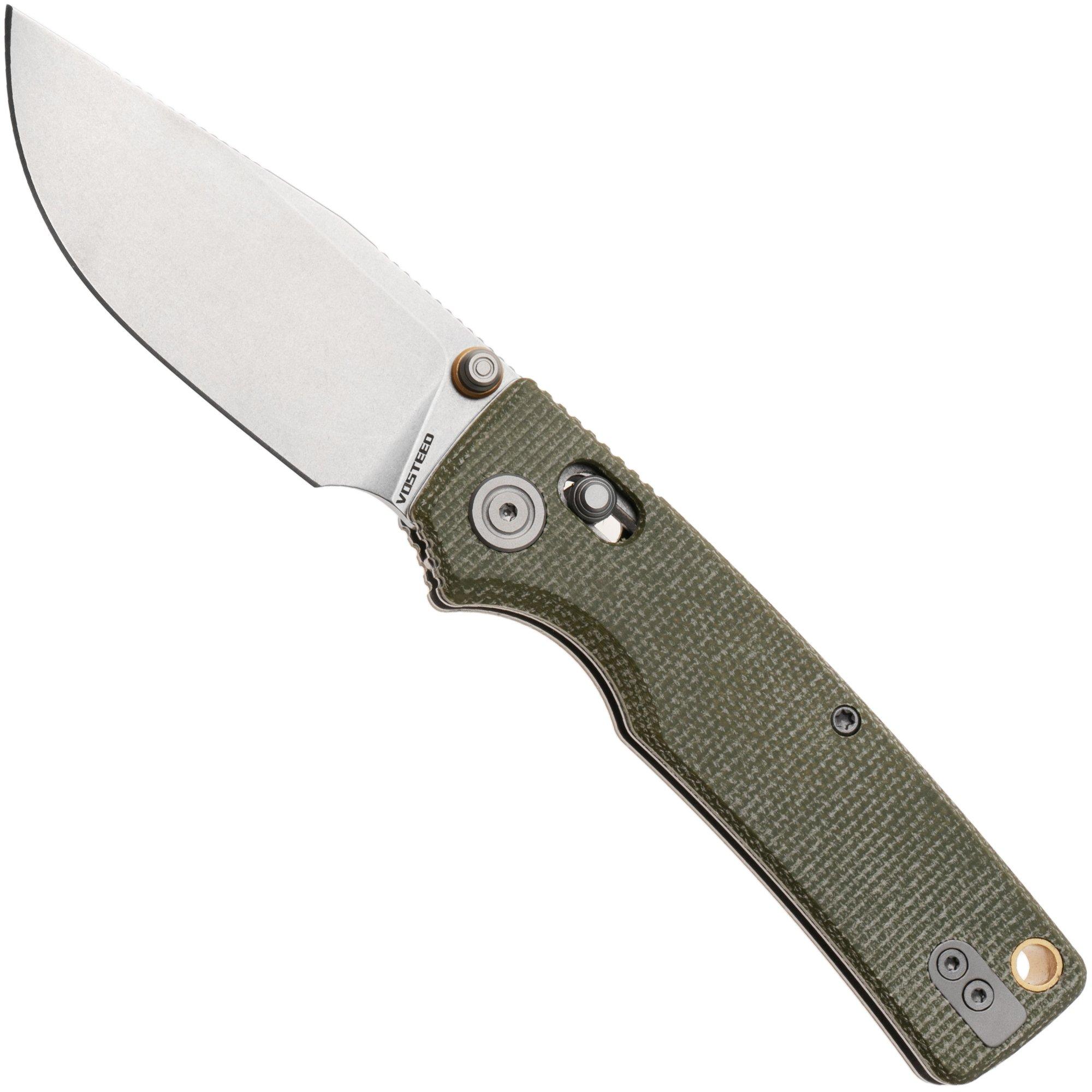 Vosteed Porcupine ModSwap A3104 Stonewashed 154CM, Green Micarta, zakmes, Yue Dong design