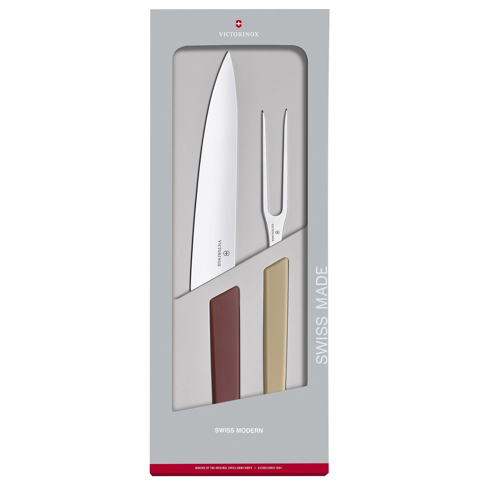 Victorinox Swiss Modern Tranchiermesser und -gabel, weintrauben-rot und mandel-beige
