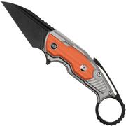 WE Knife Yardbird WE22021-1 Blackwashed CPM 20CV, Gray Titanium, Orange G10 Inlay, coltello da tasca karambit, design di Maciej Torbé