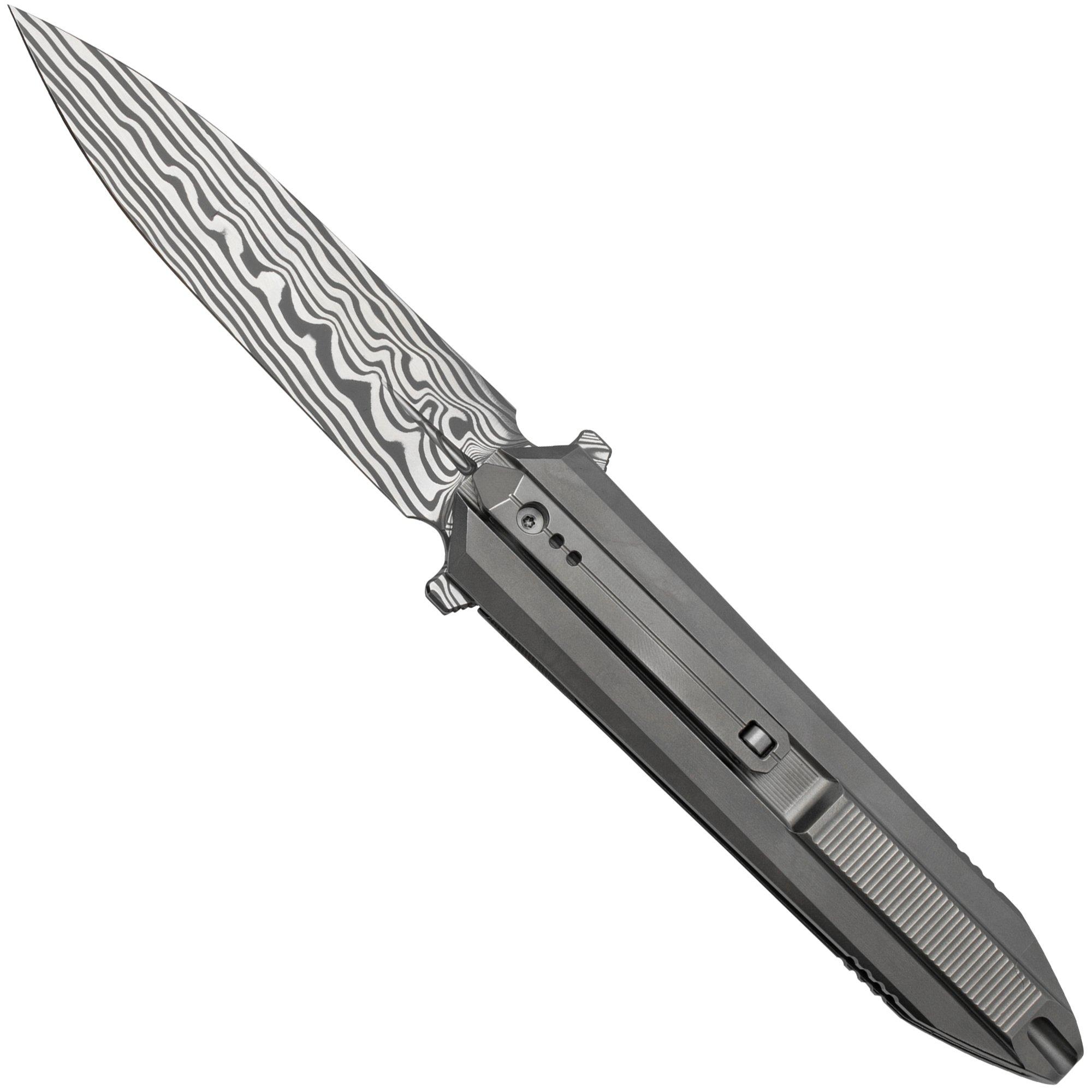 Nóż składany WE Knife Diatomic WE22032-DS1 Gray Bead Blast Titanium, Hakkapella Damasteel Single Edge