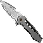 We Knife Harpen WE23019-DS1 Hugin Damasteel, Polished Gray Titanium, navaja, diseño Michael Burch
