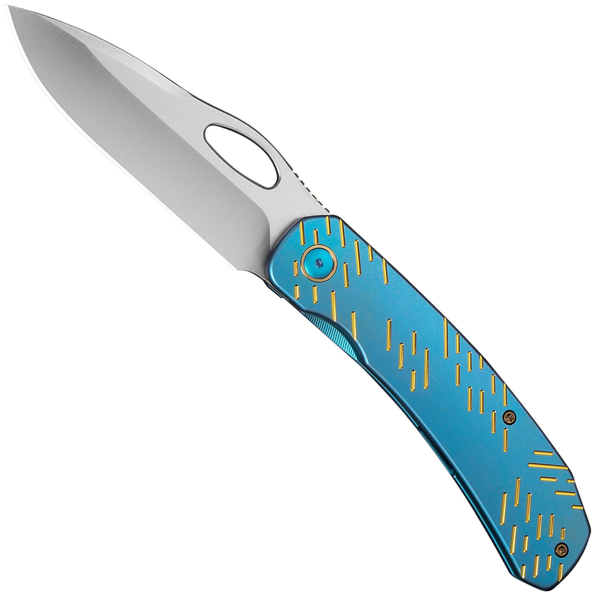 Nóż składany WE Knife Inmate WE23096B-3, Satin Finished CPM 20CV, Blue Titanium Gold Raindrop Pattern, projekt Jerad Neeve