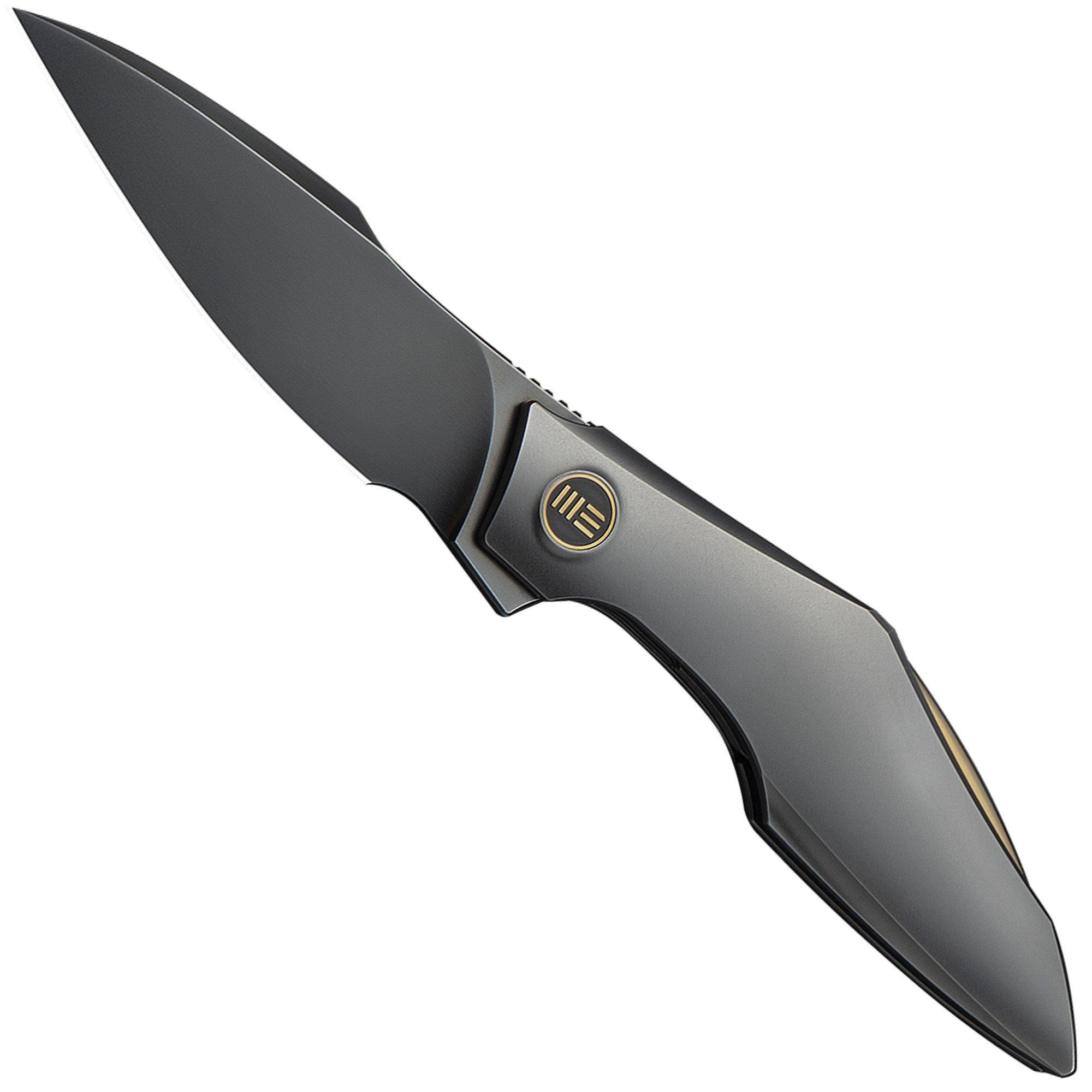 WE Knife Krait Snake WE24084-3 Polished Gray Böhler M390, Polished Gray Titanium, Gold Anodized Hardware, pocket knife, Tashi Bharucha design