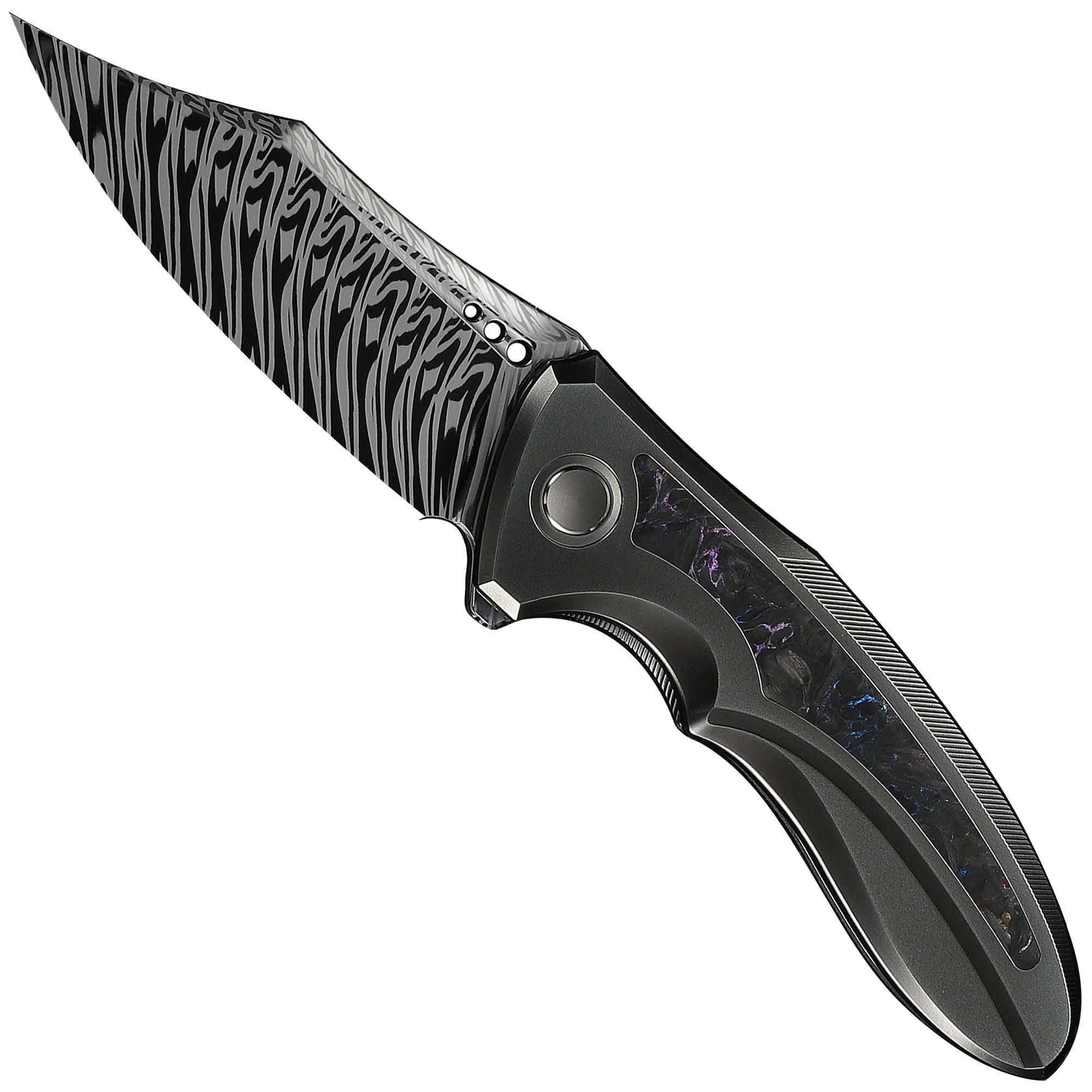 WE Knife Varg WE25074-DS1, Fafnir Damasteel, Polished Gray Titanium, Carbon Fiber Inlay couteau de poche