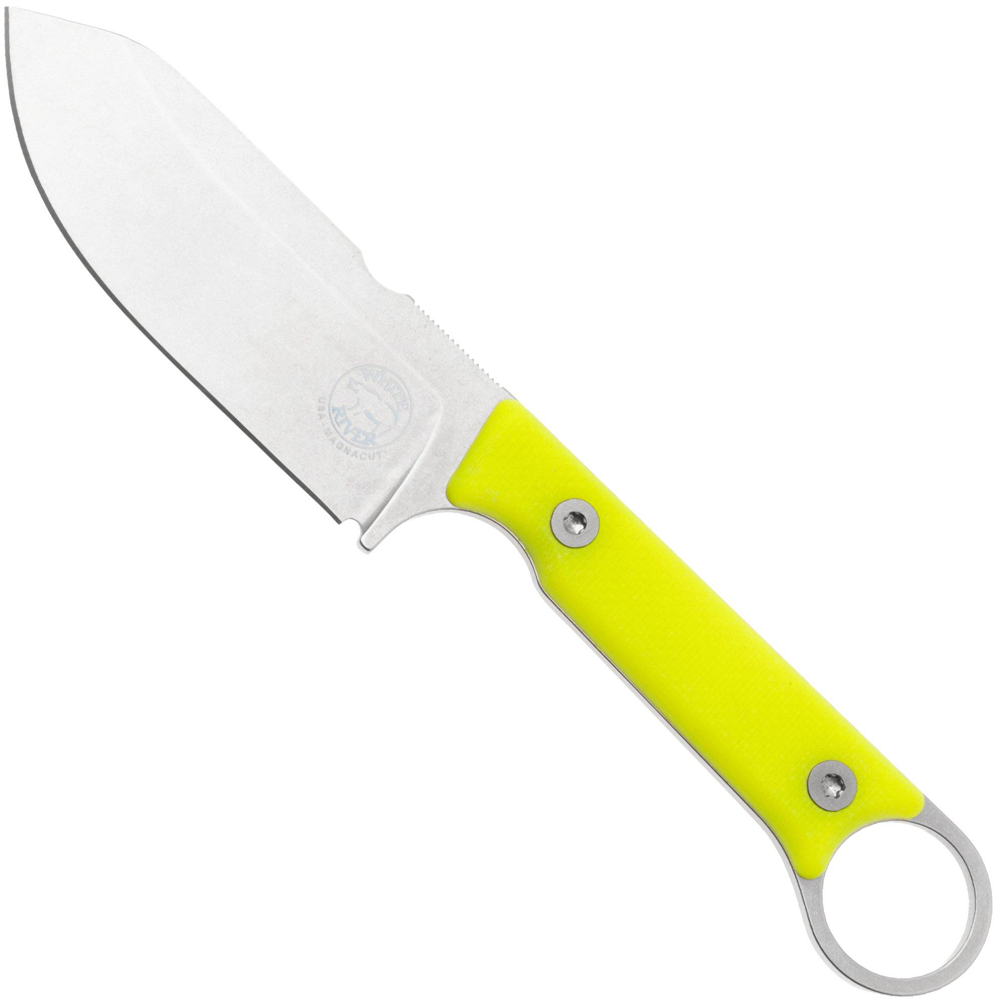 White River Firecraft 3.5 Pro, Stonewashed Magnacut, Yellow G10, couteau de survie, fourreau en Kydex avec firesteel