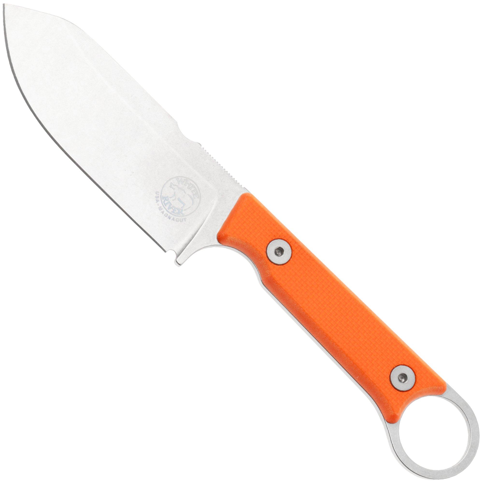 White River Firecraft 3.5 Pro, Stonewashed Magnacut, Orange G10 survival knife, Kydex sheath with firesteel