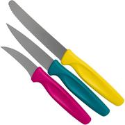 Wüsthof Create Collection three-piece peeling knife set, pink, turquoise and yellow