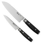 Yaxell Ran 36056, Juego de cuchillos de 3 piezas santoku 16,5 cm, cuchillo multiusos 12 cm y afilador de cuchillos